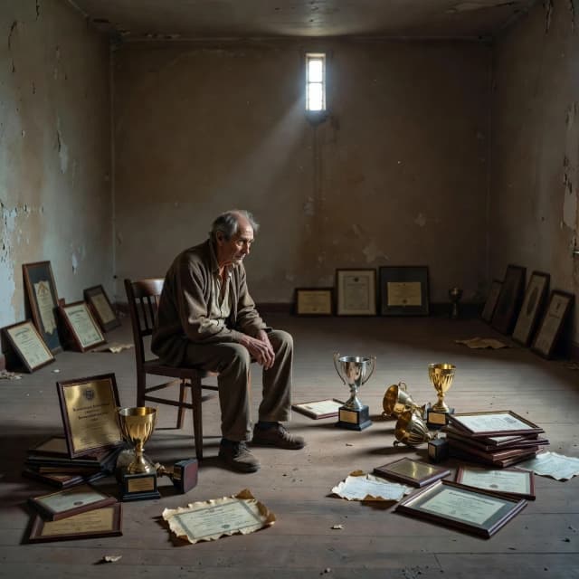 An aspiring man has become an old man who contemplates his life in an old empty room full of awards