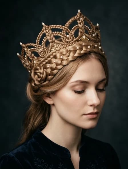 A masterpiece of photographic art. Dark background. A royal crown woven from hair. An unusual, complex hairstyle; the hair is braided in such a way that the strands form a crown. The hair is light, light brown, shiny, and silky. The hairstyle is adorned with small pearls. The face has closed eyes. Patterns and ornaments. The model’s pose. The image exudes charm. A model photo for a fashionable and creative magazine about hairdressing. Close-up. This is a masterpiece of hairdressing.