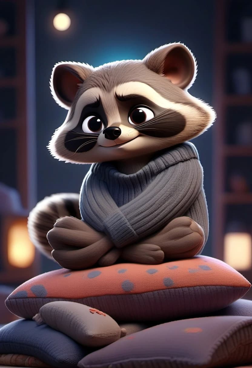 Создай 3D‑иллюстрацию в стиле Pixar для открытки  В центре — милый енот в крошечном вязаном свитере, он сидит на стопке мягких подушек и прижимает к себе маленькую плюшевую игрушку. Рядом — ночник в форме луны, который даёт тёплый рассеянный свет с мягкими каустиками и лёгкой пылью в воздухе. На фоне — тёмная комната с очертаниями книжных полок и окном, за которым звёздное небо. Текстуры: пушистый мех, вязаная ткань, дерево. Освещение кинематографичное, с тёплыми бликами и глубокой, но не жёсткой тенью. Внизу по центру добавь надпись округлым дружелюбным шрифтом без засечек: «Спокойной ночи»