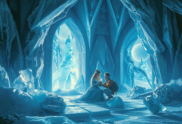 A beautiful ice healer inside a sparkling crystal palace saving a wounded traveler with a magical life elixir, surrounded by snowflakes and ice crystals, soft blue glow, fairy tale atmosphere, fantasy art, highly detailed, masterpiece.