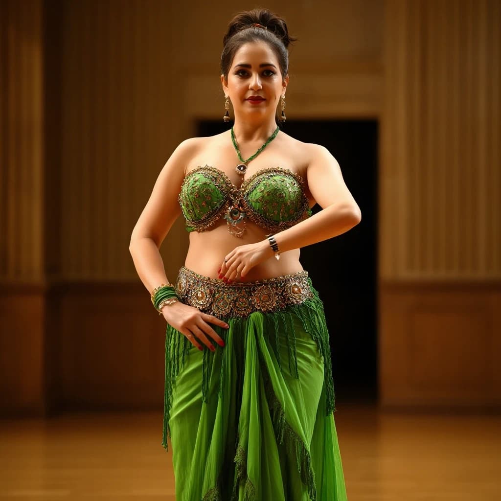 front view chubby belly dancer fifty years woman in green costume brown short ponytail hair stand in hall