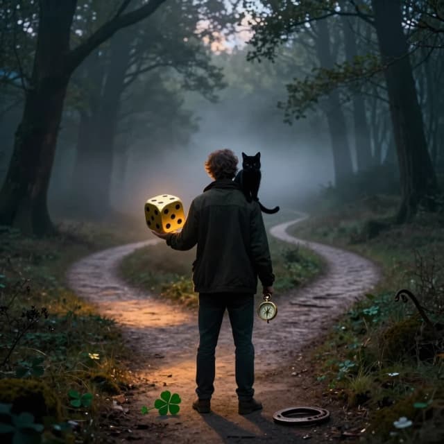 Cinematic photorealistic wide shot of a solitary figure standing at a misty crossroads in a dark, ancient forest at twilight. The person holds a large golden dice in one hand and a vintage brass compass in the other, looking uncertain. Three paths diverge in front of them: one leads to a warm glowing light, one into dark shadows, and one into a thick fog. On the person's shoulder sits a black cat, looking indifferent. On the ground near their feet lie a four-leaf clover and a rusty horseshoe. . Photorealistic, atmospheric, dramatic contrast between warm and cold light, philosophical, mystical, 8k, shallow depth of field, 4:5 aspect ratio.