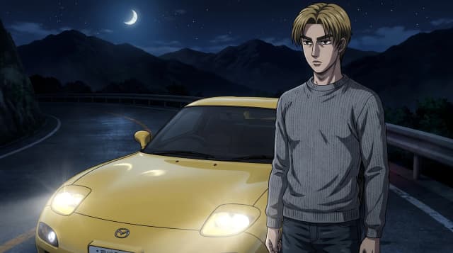 Initial D (Аниме), Кёске Такахаши (юноша в серой кофте и в джинсах, короткие светлые волосы, серьезный взгляд) стоит радом с Mazda Efini RX-7 Type R (FD3S), стоит на горной дороге, горящие фары, на фоне японских гор, ночь с луной, шедевр, крупный план, стиль аниме с реалистичными деталями