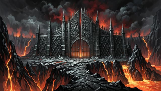 Dark fantasy oil painting artwork, widescreen 16:9 layout. The monumental iron fortress of Angband, the underground citadel of Morgoth, strictly built according to J.R.R. Tolkien's lore. In the center, giant, terrifying iron gates and black obsidian walls carved directly into the dark mountain roots. The sky above is a pitch-black heavy void choked with toxic ash and glowing red volcanic fog. Massive chasms around the fortress reveal deep subterranean fires and slow rivers of orange magma, casting dramatic sharp highlights on the cold metallic surfaces. Painted with heavy, rich textured brush strokes, moody fine art lighting, epic fantasy book illustration style, high contrast, 8k resolution. NO Thangorodrim peaks, NO 3D render look, NO faces, clean artistic composition