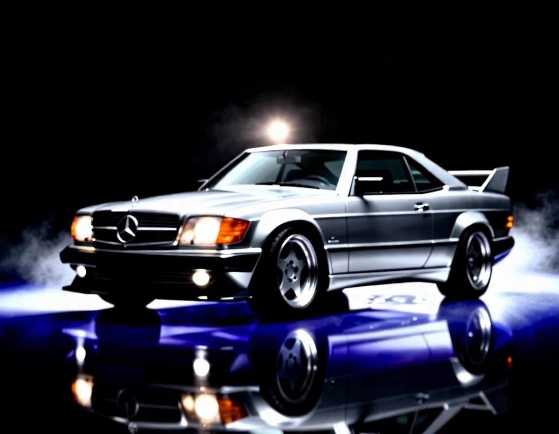Subject: Mercedes-Benz 560 SEC W126 AMG widebody coupe, two-door
Color: silver metallic body, polished, deep reflective paint finish
Wheels: AMG Gullideckel monoblock wheels, silver multi-spoke deep-dish design, low-profile tires, lowered stance
Body modifications: genuine AMG widebody flares, AMG front bumper with integrated foglights and lip spoiler, AMG side skirts, rear AMG bumper with subtle ducktail spoiler on trunk
Details: chrome vertical grille with large Mercedes star, amber/orange front turn signal lenses, rectangular sealed headlights
Angle/Perspective: low front 3/4 angle, near ground level, dramatic upward sweep emphasizing long flat hood and wide stance
Lighting: single dramatic side-top light source, deep shadows, chiaroscuro style, headlights subtly glowing warm white
Background: pure black, no environment details, studio void
Ground surface: wet asphalt, reflective, scattered raindrops
Reflection: sharp mirror reflection of car and lights on wet ground
Atmosphere: subtle fog/haze in background
Color grading: high contrast, cool silver tones against deep black, warm amber accents from turn signals, cinematic
Mood: elegant, powerful, timeless luxury aggression, "Gentleman's muscle car"
Camera: wide-angle lens feel, slight distortion emphasizing long hood and width
Quality: photorealistic, automotive magazine cover quality, 8k detail, sharp focus on wheel and grille details
Composition: vertical/portrait orientation, car centered slightly left, long hood leading into frame