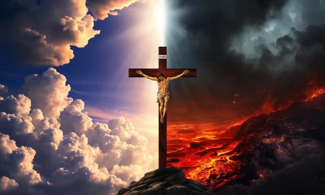 The image consists of two parts. In one part, we see images of paradise, beautiful clouds, and pure light pouring down from the sky. On the other hand, we see images of hell, a lake of boiling lava, and darkening gloom. And right in the middle is the cross of Christ.