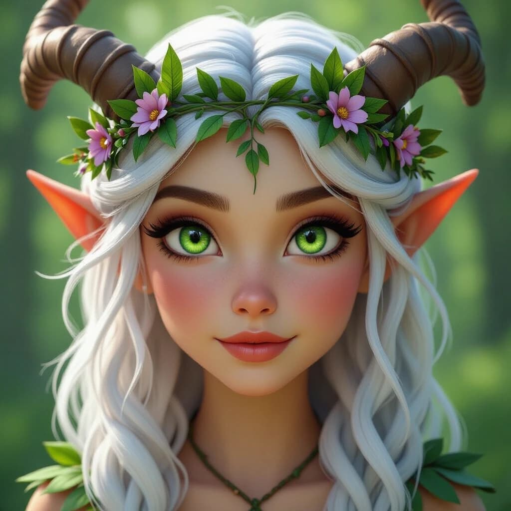 Disney-style 3D render: Portrait of a forest satyr witch (close-up, focusing on the head and shoulders). She has white hair falling over her eyes, large beautiful eyes, and horns. Her eyes are green and glow with magic. Her hair is adorned with a wreath of leaves and forest flowers. Background: a green forest. Bright lighting.