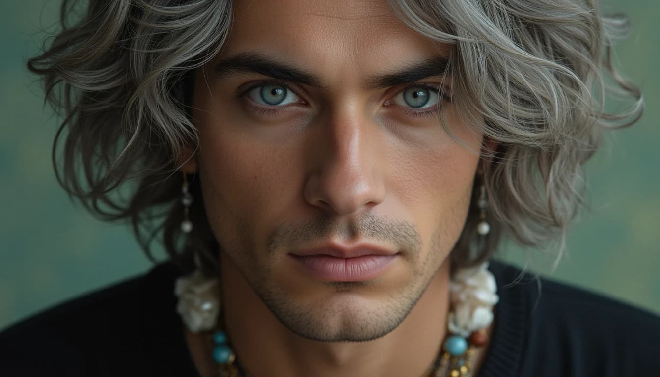 Emmanuel Kant, philosopher, large expressive eyes, lots of mother-of-pearl jewelry, gray hair, tousled in the wind, aesthetics of the male body, close-up, portrait, professional photography, photorealism, surrealism, high quality, high detail, the smallest details, bohemian, elegant, grunge, dark botanical, digital art, hyperrealism, linear design, crystals, 32k, mystical lighting, aesthetics, pixel art —v 6.1