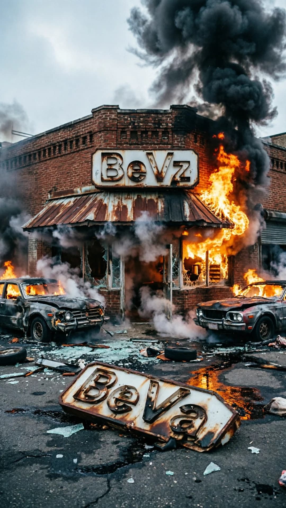 большой американский город кафе с названием из 6 букв "BeVz" две последние Ya валяются на асфальте кафе горит машины горят