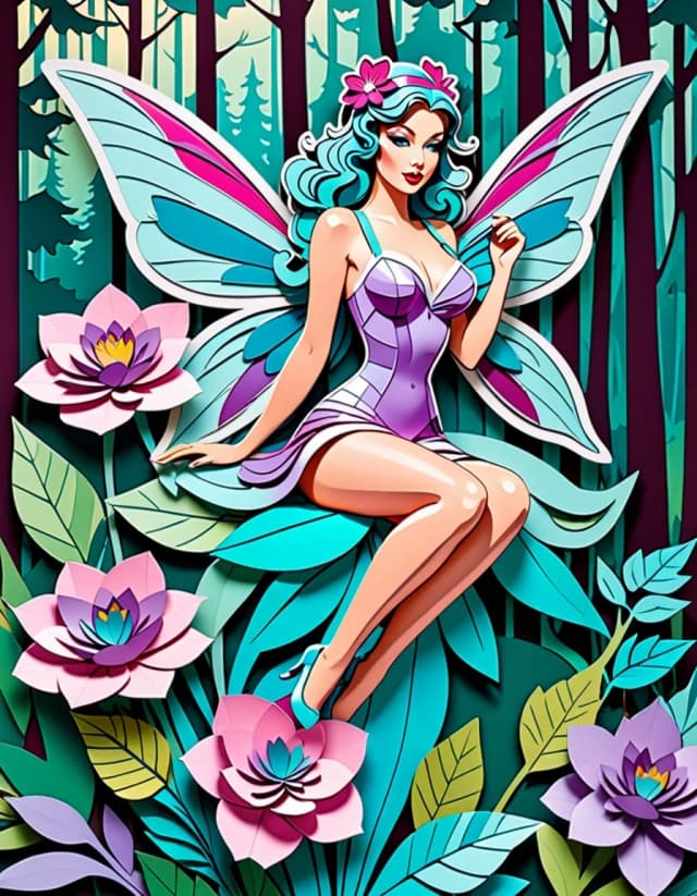 A masterpiece.  Image. Three-dimensional multi-layered paper cutout depicting a very beautiful pin-up fairy on a flower with clear facial features and expressive eyes against a forest background, multi-layered paper work, a bright palette of lilac, pink, turquoise and shades of blue, high detail, clear edges, clear paper textures, soft shadows between layers, three-dimensional composition, 3D depth, studio lighting, author's style, 8k resolution. High detail and clear texture. High quality. Increased attention to small details. The artist is Russ Mills.
