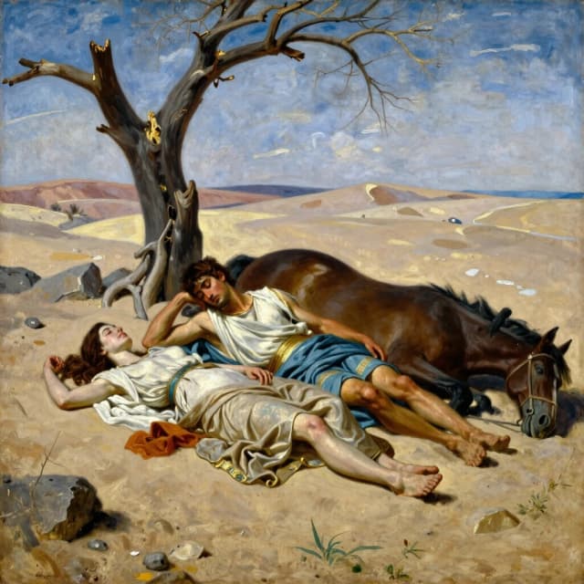 Oil painting, ancient times of Greece, a young man of 20 years old and a girl of 18 years old, lying unconscious on the sand,  next to a dried tree and a fallen horse, around the desert, style Ilya Repin