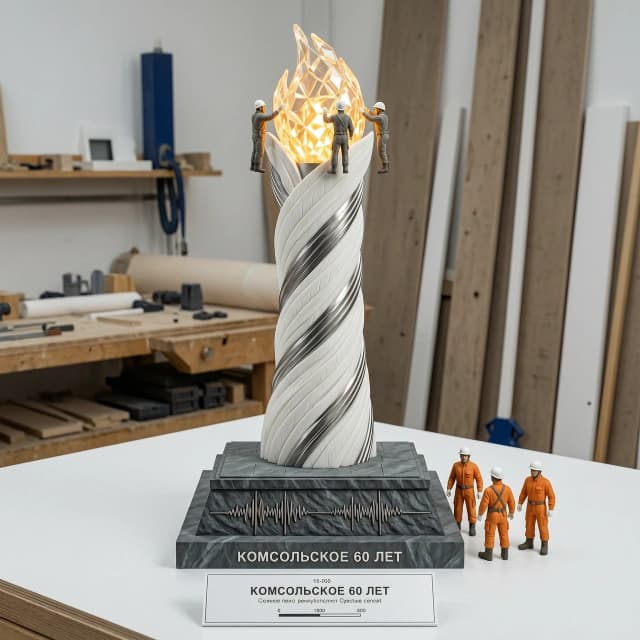 A photograph of an architectural scale model of a monumental gas torch sculpture. The model is white 3D-printed resin with metallic silver accents. Twisting spire like a flame from overlapping feathers, topped with three tiny figures of soviet geologists reaching towards illuminated glass cluster (warm LED). Dark stone base with relief carvings of seismic waves and engraved text "КОМСОЛЬСКОЕ 60 ЛЕТ". Scale figures (1:100) in orange suits and white helmets stand nearby, showing monument's size. A small presentation board with scale bar and title. Soft studio light, high-key, hyper-realistic 8k, architect’s workshop background. --ar 16:9 --v 6.0 --style raw