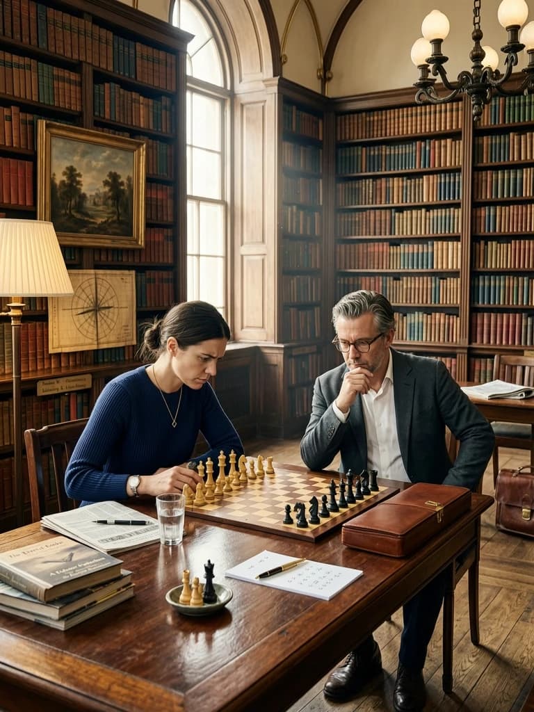 Создай фотореалистичное изображение: в просторной библиотеке с высокими книжными стеллажами двое игроков ведут напряжённую шахматную партию. В центре кадра — молодая женщина в тёмно‑синем свитере; она слегка подалась вперёд, опершись на край стола, и пристально изучает позицию на доске — её брови чуть нахмурены, взгляд сосредоточен, пальцы нервно постукивают по столешнице. Напротив неё — мужчина средних лет в очках; он откинулся на стуле, задумчиво потирая подбородок, и наблюдает за её реакцией. На доске — середина партии: фигуры расставлены плотно, несколько пешек уже сняты и лежат в небольшой кучке рядом. Освещение — мягкий дневной свет из высокого окна, создающий чёткие тени и подчёркивающий текстуру дерева на доске и корешков книг. Детали: блики на лакированной поверхности стола, отдельные пылинки, кружащиеся в луче света, едва заметные морщинки у глаз мужчины. Композиция — средний план, фокус на лицах игроков и шахматной доске, фон слегка размыт для акцента на драматизме момента.
