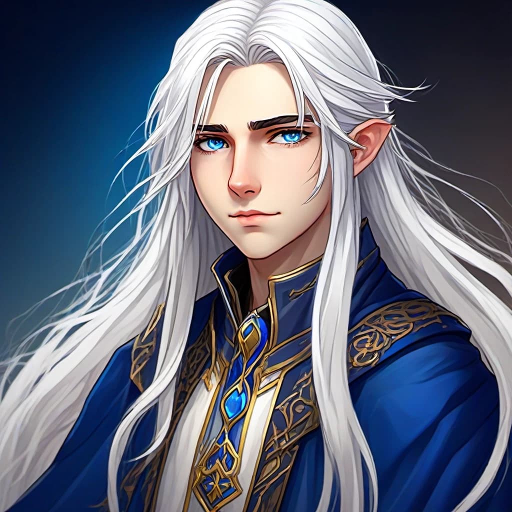 A 14-year-old boy with long, flowing white hair and blue eyes. He is serious and dressed in a fantasy costume. Illustration. Attention to detail.