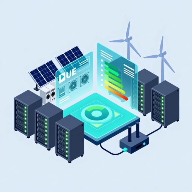 Isometric vector illustration of a modern data center energy management concept. A central holographic dashboard showing PUE metrics and green efficiency graphs. Around it: server racks with glowing status LEDs, cooling chillers, UPS units, solar panels, wind turbines, and a wire-connected industrial IoT controller (small box with antennas). Clean flat design, blue-teal-cyan color palette, gray‑blue background, professional tech infographic style, crisp lines, no text, no shadows.