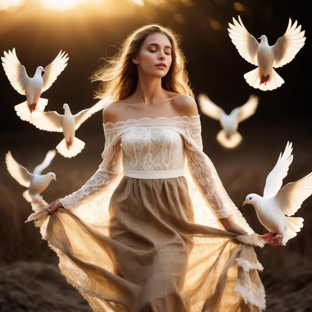 Ethereal panoramic scene of a young woman in an off-the-shoulder lace dress releasing a flock of white doves from a coarse burlap sack, wide-format composition with the woman positioned left and birds arcing to the right; soft, diffuse golden-hour backlight and gentle rim light highlighting her flowing sun-kissed hair and the translucent layers of fabric, delicate breeze animating strands and gown. Painterly, romantic-impressionist style with thick impasto textures and visible palette-knife strokes on a cracked plaster-like background; muted pastel palette of creamy ivory, pale blue, warm beige and luminous gold leaf accents. High-detail focus on feather and fabric texture, subtle motion blurs on wings, delicate dust motes and paint splatters, cinematic depth, shallow depth of field toward the foreground while preserving textured mural-like backdrop, serene uplifting mood, timeless fairytale quality. Intricate lighting contrasts, soft shadows, natural skin tones, hyper-detailed yet painterly finish.