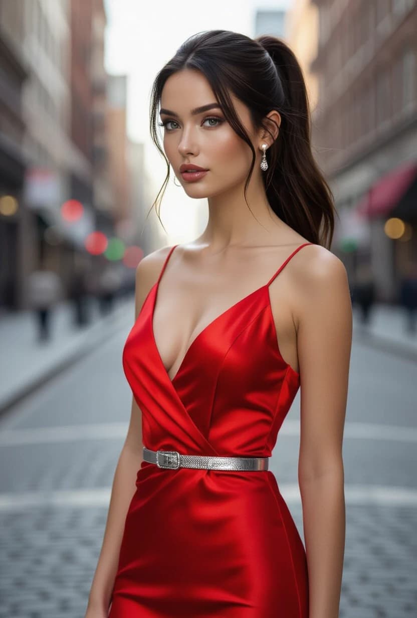 young woman, full height, hyper-realistic, slim body, realistic face, long brunette hair, ponytail,  grey eyes, wearing red silk dress, silver belt, day, city street, high quality, view aside
