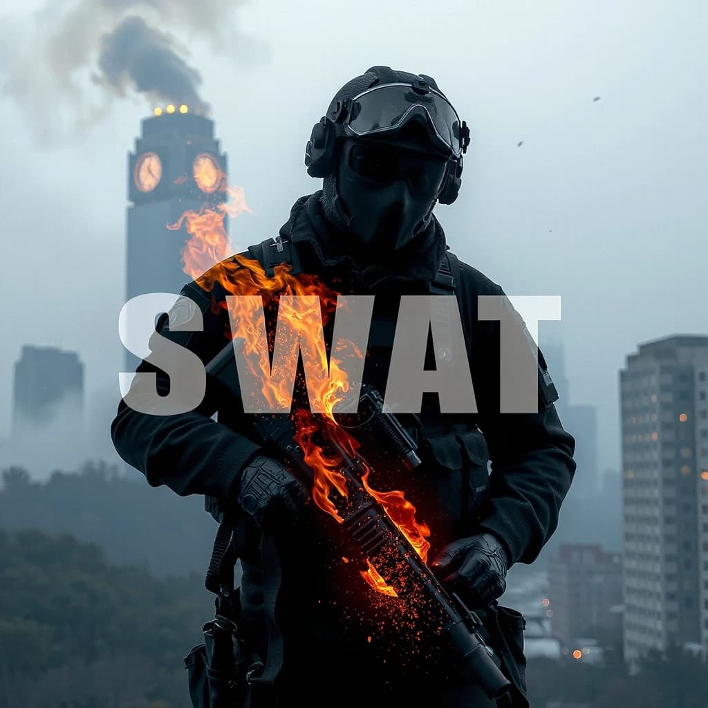 сделай картинку с надписью SWAT чтоб на заднем фоне был огонь и город