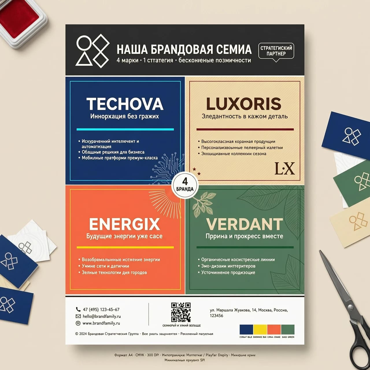 I have 4 brands with 4 different images. I want to create printed advertising material for clients where on the first page I want to place both the images and the necessary information about the brand. The material will be distributed to clients in the form of a flyer. Suggest options