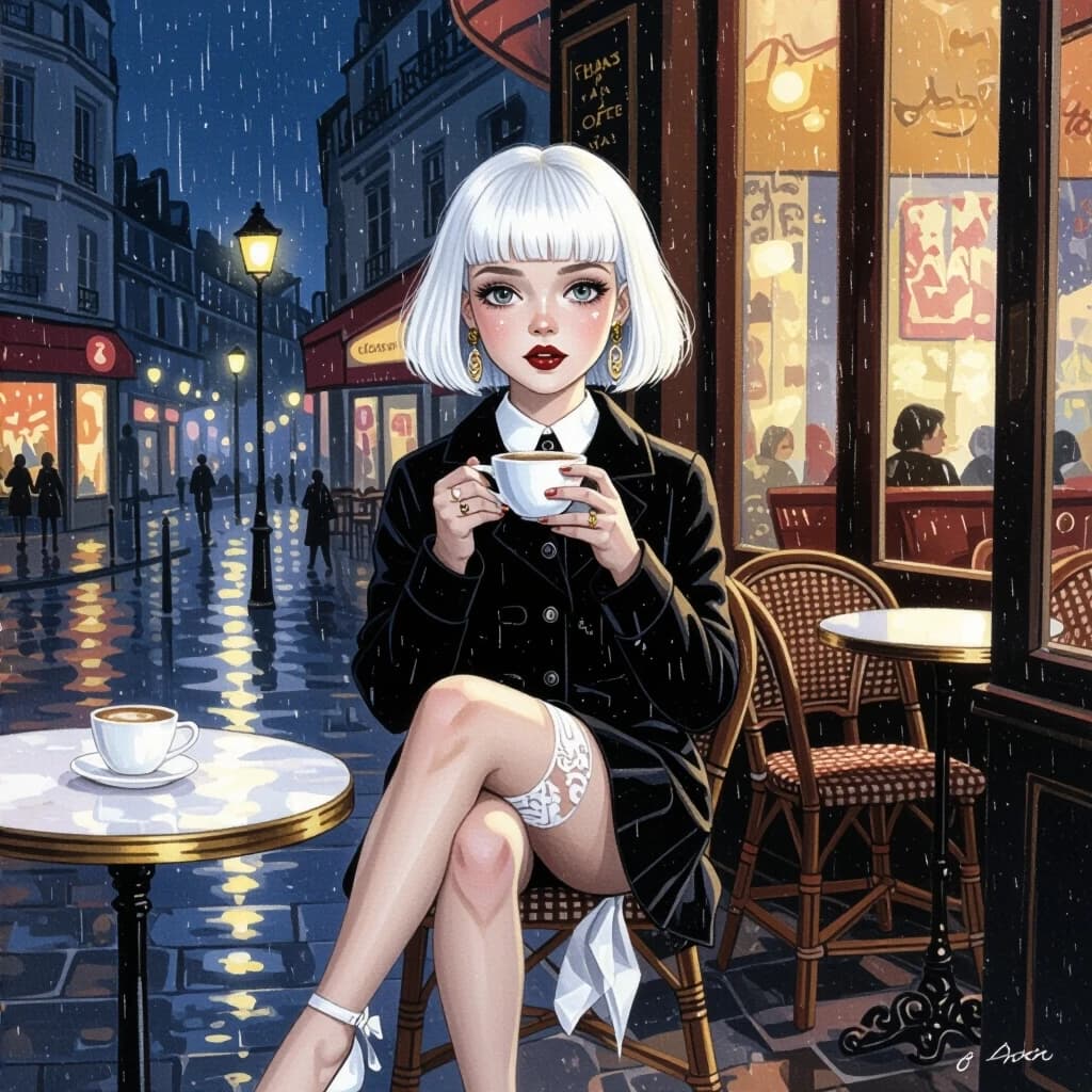 drawing by Diego Dyer, photography, drawing by Egon Schiele, 4K,
A young girl with a shock of white hair, very beautiful, short hair,white lipstick, white straight bangs, stands with a cup of coffee in her hand on the threshold of a French coffee shop, it's night outside, it's raining, eyes open, mouth slightly ajar, long earrings, stockings with garters torn at the knees, lust, beautiful legs in in white high-heeled shoes, lots of details, highly detailed image, photorealism, provocative, white garter on the leg, snow-white transparent pinoir, beautiful legs, sweet girl, model, beautiful body, pleasant pain, sweet moan, rapid breathing, agony, very beautiful plump lips with white lipstick