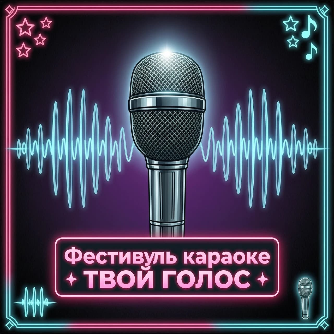 Стикер 1. Центральный: микрофон + надпись
**Композиция:** крупный микрофон по центру (вид спереди, классический сценический), от него расходятся тонкие волнообразные линии (звук).  
**Надпись:** «Фестиваль караоке „ТВОЙ ГОЛОС“» — размещена под микрофоном на тёмной плашке с неоновой обводкой.  
**Цвета:** чёрный/тёмно‑фиолетовый фон, микрофон — тёмно‑серый с металлическим бликом, волны — неоново‑голубой, текст — ярко‑розовый.  
**Размер:** крупный (занимает ~30–35% макета).