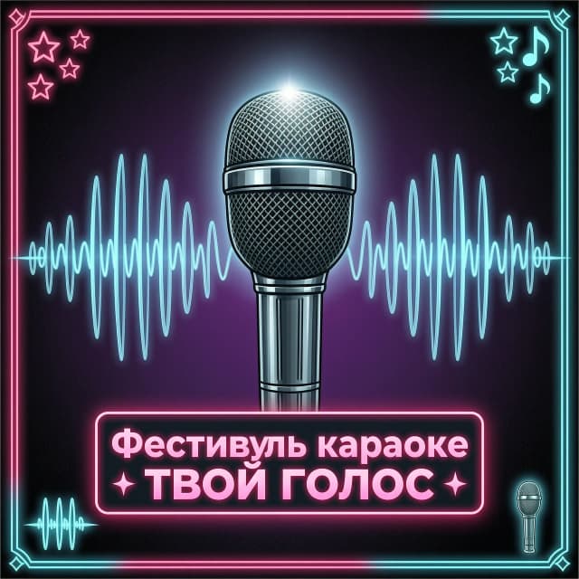 Стикер 1. Центральный: микрофон + надпись
**Композиция:** крупный микрофон по центру (вид спереди, классический сценический), от него расходятся тонкие волнообразные линии (звук).  
**Надпись:** «Фестиваль караоке „ТВОЙ ГОЛОС“» — размещена под микрофоном на тёмной плашке с неоновой обводкой.  
**Цвета:** чёрный/тёмно‑фиолетовый фон, микрофон — тёмно‑серый с металлическим бликом, волны — неоново‑голубой, текст — ярко‑розовый.  
**Размер:** крупный (занимает ~30–35% макета).