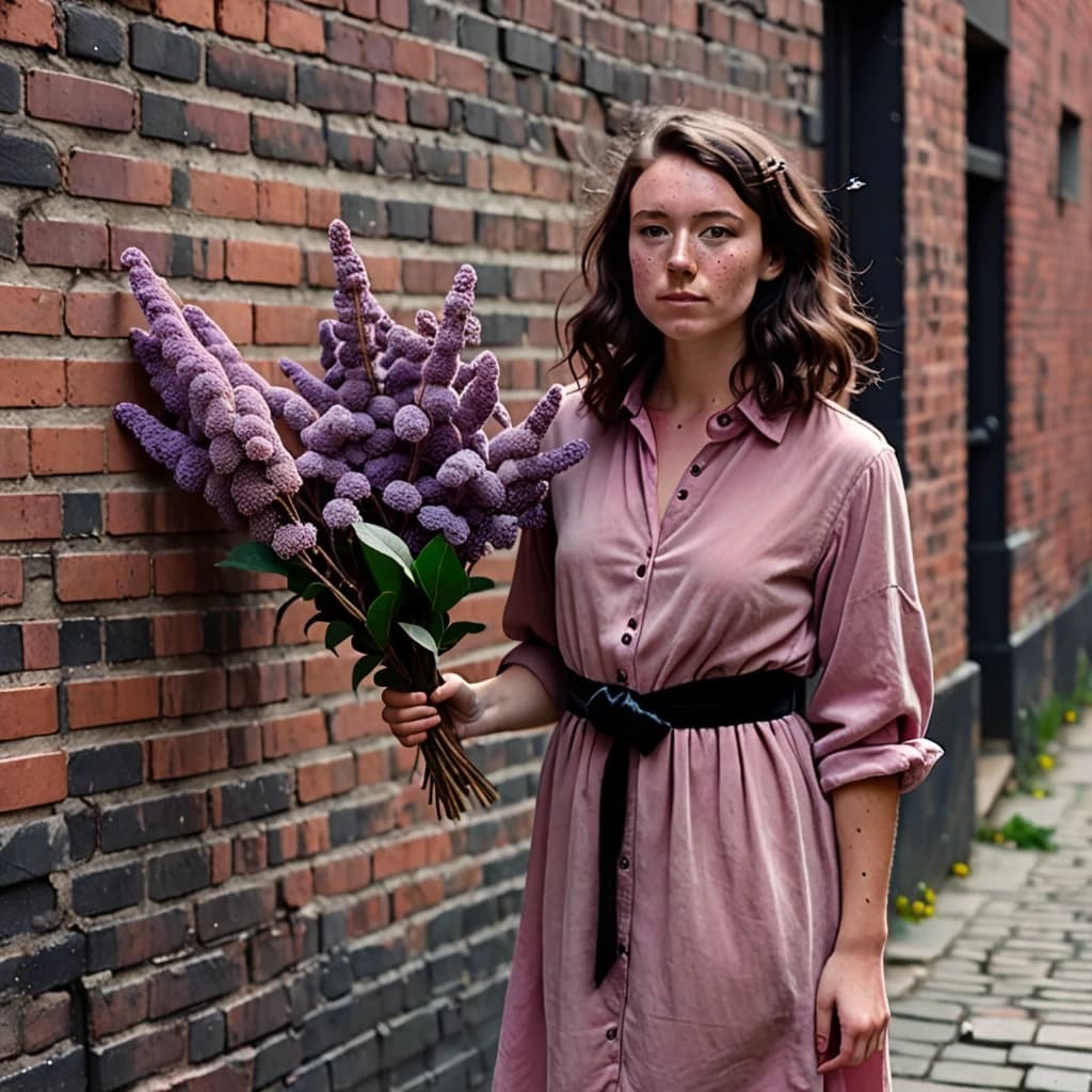 A young woman with wavy dark brown hair and freckles stands against an old brick wall on a narrow city alley. She wears a dusty pink shirtdress with an asymmetrical hem and a black velvet belt; the sleeves are rolled up to the elbows. She holds a carelessly arranged bouquet of buddleia, a few sprigs slightly fallen. She doesn't look at the camera, but gazes thoughtfully at the graffiti on the wall, as if remembering something. The photo was taken on 35mm film, in warm daylight, with a slight grain, crisp textures of brick and fabric, and a medium depth of field: the figure is in focus, the edges of the frame are slightly softer.