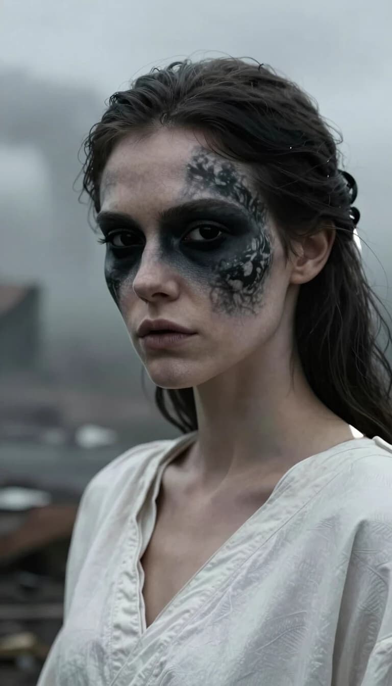 a realistic close-up 3/4 shot of an woman with full-black solid eyes, dressed with a white tunic, he's looking at the camera, detailed skin with monochrom pattern on face, in a dystopian world, cloudy and foggy weather, post-apocalyptic, canon 5d, 50 mm