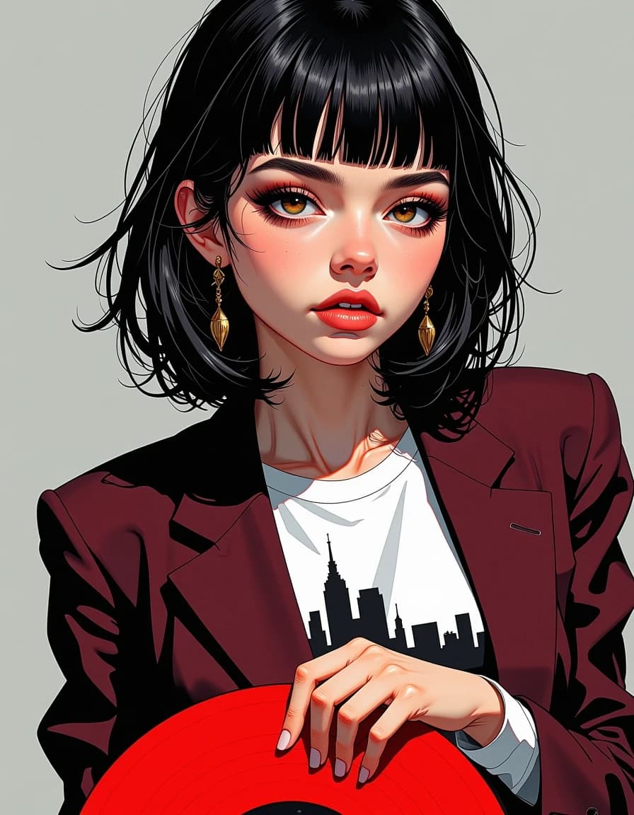 A masterpiece,  in the style of the 1980s, with bold lines, dynamic strokes and rich textures, on background with a touch of nostalgia, perhaps with subtle drawings inspired by cellulose and vintage, worn textures similar to paper,oil painting, portrait is strictly full-face. There is a gradient shining effect on filling textures. the facial features are a bit caricatured, but cute and beautiful. the face is elongated, the nose is small, the eyes and lips are large and expressive. Young woman with jet-black straight hair, crimson red tips, blunt bangs, amber eyes, bold winged eyeliner. White crop top, deep burgundy blazer. Holding a red vinyl record, eye-level frontal angle, direct camera gaze. Soft overcast diffused lighting, cool gray ambient fill, cel-shading, clean lines, minimalist city skyline silhouette graphic