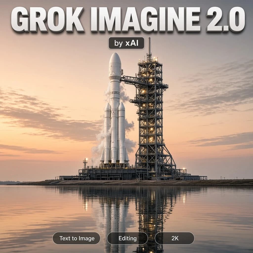 A highly detailed real-life photograph of a heavy launch rocket standing on its pad at dawn, shot on a 200mm telephoto from across the water: cryogenic vapour venting down the white fuselage, service tower lattice, floodlights still burning against a pale orange sky, mirrored in the still water, crisp engineering detail, NASA press photography finish. Cover layout on top of the photograph, which fills the frame edge-to-edge with no border and no mockup: bold clean modern 3D typography reading "GROK IMAGINE 2.0" across the top, crisp and perfectly legible, EXACTLY ONE line, appears only once, a small clean tag "by xAI" directly beneath it, and along the bottom edge one row of three small rounded badges labelled "Text to Image", "Editing", "2K". Nothing else is written anywhere.