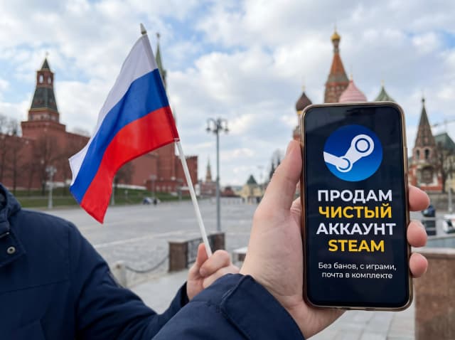 создай картинку о продаже аккаунт steam с надписью на русском языке (чистый аккаунт STEAM ) с флагом  россии и фоном кремля и иконкой STEAM