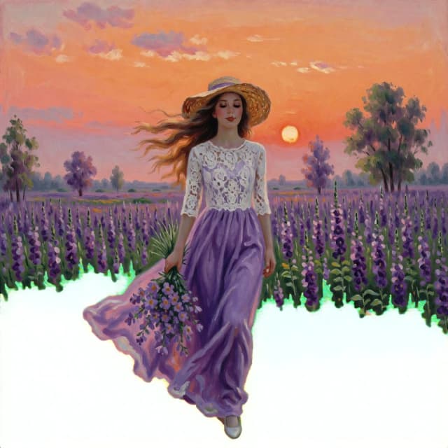 The image is a painting of a young woman walking through a field of purple flowers. She is wearing a long, flowing purple dress with a white lace bodice and a wide-brimmed straw hat. Her long brown hair is flowing in the wind and she is holding a bouquet of flowers in her right hand. The sky is a beautiful orange and pink color, with the sun setting in the background. The field is filled with tall, purple flowers, and there are trees scattered throughout. The overall mood of the image is peaceful and serene.