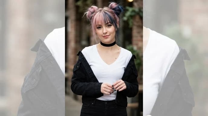girl, bangs, bare shoulders, black choker, black nails, black pants, blue nails, breasts, choker, cleavage, collarbone, double bun, hair bun, jacket, large breasts, long sleeves, looking at viewer, makeup, mole, mole on breast, multicolored hair, nail polish, off shoulder, pants, pink hair, shirt, solo, v, white shirt