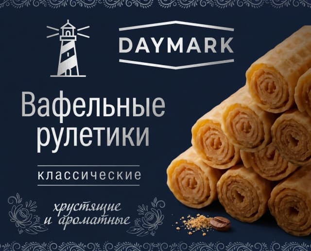 изменить фон:  глубокие, сложные оттенки: темно-синий (navy), добавьте едва заметную текстуру качественной бумаги или матового пластика;
сменить шрифт надписи вафельные рулетики: минималистичный, уверенный гротеск (без засечек);
бренд: "DAYMARK", форму и структуру бренда не менять, сделать чуть тоньше буквы и линии
Уменьшите размер надписей; оставить в верхней части композиции
Увеличьте трекинг (расстояние между буквами) в словах «классические» и «DAYMARK»;
сделайте узор фрагментарным, очень тонкими линиями и, возможно, в технике лакировки
Логотип птицы: заменить на маяк,  сделать его графичным, более минималистичным, геометрическим и отделить от надписи, чтобы композиция «дышала».;
Фуд-зона: вафлям добавить глубокие тени и мягкий боковой свет.
Взаимодействие с фоном: Добавьте естественную тень под вафлями, чтобы они «лежали» на поверхности, а не висели в воздухе.
Сервировка: Вместо просто горы вафель можно добавить один эстетичный элемент: крошки, кружку капучино
цвета: Вместо белого цвета для элементов попробуйте серебро (тиснение фольгой) .