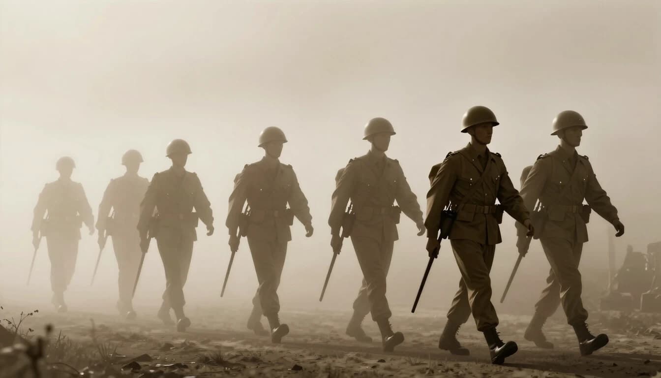 Conceptual image, phantom army silhouette of soldiers marching in fog, ghostly translucent effect, sepia tone