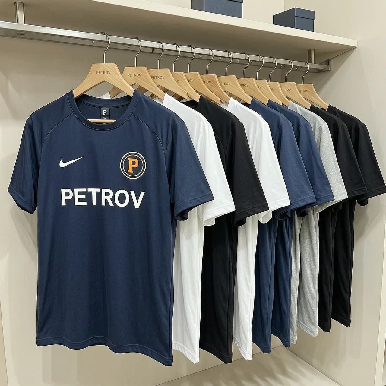 футболки на вешалках с логотипом PETROV