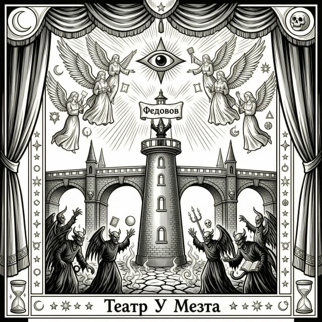 Мост, театр -маяк , всевидящее око, мистика, изотерика. Маленькая надпись -"Театр У Моста". Это должна быть чёрно белая картинка и выглядеть как из мультика.
Слева ангелы, справа демоны от маяка. И в надписи только -" Театр У Моста ", другое не нужно. И вся итоговая картинка в рамке сценических кулис. В центре главный маг , но очень маленький на балконе маяка, в руках он держит своё имя- Федотов . Нужно картинку развернуть так, что ангелы наверху, а демоны внизу