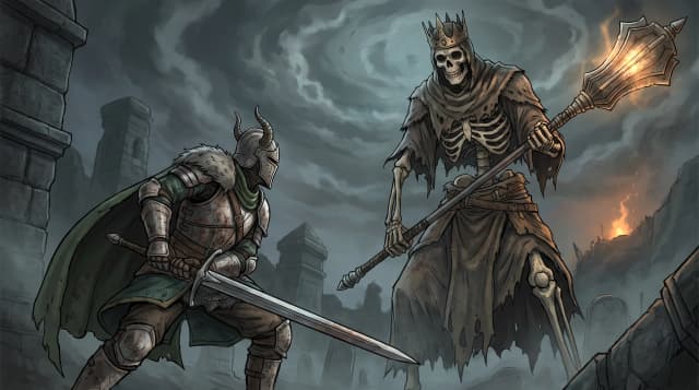 Dark Souls (Game), герой в доспехах Фараама, боевая стойка против большого короля-скелета, на фоне могильников, стиль аниме с реалистичными деталями