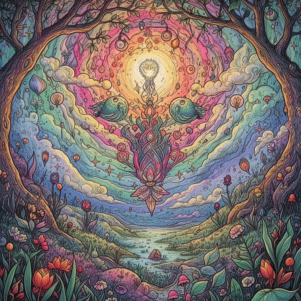 Vibrant colors and intricate textures breathe life into this captivating ink illustration, stirring deep emotions and inviting introspection with its enchanting allure.