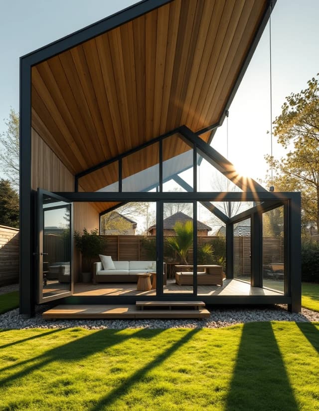Vertical architectural shot, 3:4 aspect ratio, modern high-tech frame banya sauna house with double-height ceiling, large panoramic glass facade extending upwards, cozy terrace in front, beautiful backyard landscape, warm afternoon sun casting long shadows, photorealistic