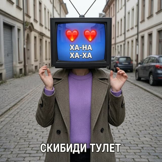 создай видео про скибиди тулет .серия начинается на улице как тв вумен у её вместо головы телевизор  она в пальто в фиолетовой кофте против скибиди туалета пилы .итог битвы тв вумен победила скибиди вместо глаз красные огоньки а на унитазе пила  туалета потому что она подожгла экраном его голову .и она сделала эмоджи на экране 💜и она говорит ха-ха