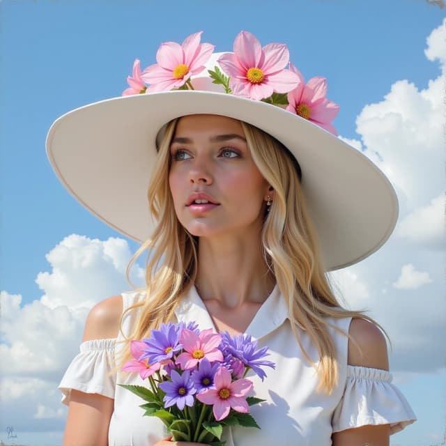 The image is a portrait of a young woman wearing a large white hat with a large flower crown on top. The hat is wide-brimmed and has a wide brim. The woman is holding a bouquet of pink and purple flowers in her hands. She has long blonde hair and is wearing a pair of earrings. The background is a soft blue sky with white clouds. The overall mood of the image is dreamy and ethereal. The painting is done in a realistic style with loose brushstrokes and vibrant colors.