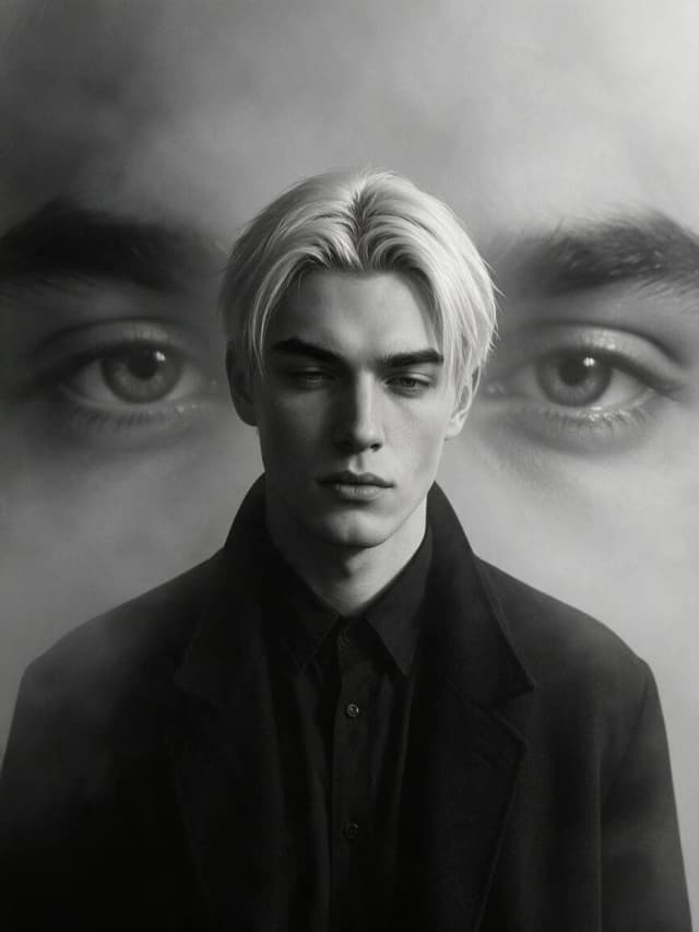 Close-up, conceptual portrait with double exposure, monochrome black-and-white processing, surreal psychological mood, unsettling double gaze
Him (foreground): a young man looking directly at the camera, chin slightly drooping, heavy eyes half-closed, a flat, unreadable gaze directly into the lens, mouth closed and motionless, an expression of quiet menace. He wears a dark jacket over a dark button-down shirt, collar buttoned, no visible structural details other than his silhouette.
Background (same object, duplicated): a second, significantly enlarged image of his own eyes—extreme close-ups of the same pair of eyes, symmetrically positioned behind his shoulders, one on each side, depicted softly and heavily blurred, faintly glowing through a tonal haze, half-closed to match the gaze in the foreground, creating the impression of a projection or afterimage rather than a distinct figure.
Source of tension identified: the double gaze itself. The tension lies in the unnatural repetition—his own eyes stare back at him at a scale that shouldn't exist, the foreground and background frozen in the same half-closed gaze.
The undefined, dark studio space dissolves into a soft gray haze, devoid of discernible architecture or props, the exaggerated eye shapes softly dissolve into the background mist rather than resting on a distinct surface.
CAMERA: Contax G2, Carl Zeiss Sonnar 90mm f/2.8, shot at f/2.8—smooth tonal gradation, the foreground face at its sharpest point, while the eyes in the background remain deliberately soft and diffuse.
LIGHT: One soft light source slightly above and in front, neutral tone, minimal fill, shadow naturally pooling under the brows and along the jawline; the eye shapes in the background are illuminated only by the same ambient haze, without a separate key light. COLOR: Full monochrome conversion, deep silvery-gelatin tonality, rich blacks, and controlled highlight detail, with sufficient contrast to clearly convey the double-eye motif without distorting shadow detail.
ANALOG DNA LEVEL 1: Fine, film-like grain, a soft glow around the brightest highlights in the eyes, and a subtle optical softness that increases toward the edges of the frame.
Realistic skin texture, with visible pores on the foreground face.
Natural subsurface light scattering is soft and even, conveyed through monochrome tonal gradation rather than color.
Fabric: Matte dark wool and cotton on the jacket and shirt, no sheen, no reflective details.