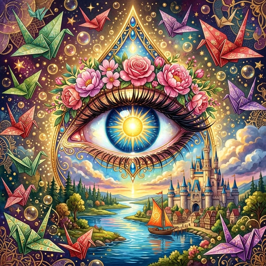 In the picture we see a bright collage made in the fantasy style. The central figure is a teardrop-shaped eye with a blue pupil, inside which is the sun. The product emits bright rays that create a feeling of warmth and light. There are lush eyelashes and a wreath of pink flowers above the eyes. Internal composition. A landscape appears before my eyes: a castle with towers stands on the riverbank. A small sailboat with an orange dream is moored nearby. The water reflects the sky, which makes the painting lively and dynamic. The external environment. The eye is surrounded by origami paper cranes in three shades: green, red and purple. The background is decorated with golden bubbles, creating a depth effect. (Style): fantasy, fantasy art, shabby chic, rococo, baroque, art design, romance, close-up, high quality, gradient, grace, inner light, 4k, intricate details, fairy tale, eyes.