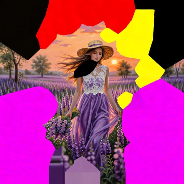The image is a painting of a young woman walking through a field of purple flowers. She is wearing a long, flowing purple dress with a white lace bodice and a wide-brimmed straw hat. Her long brown hair is flowing in the wind and she is holding a bouquet of flowers in her right hand. The sky is a beautiful orange and pink color, with the sun setting in the background. The field is filled with tall, purple flowers, and there are trees scattered throughout. The overall mood of the image is peaceful and serene.