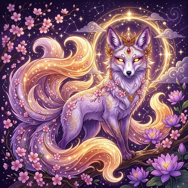 The picture shows a mythical fox with several tails, made in the style of Eastern mythology. Its body and muzzle are painted in delicate shades of white and purple, and the tips of its tails are warm golden-orange tones.
 Image details. Muzzle. The fox looks towards the viewer, his gaze expresses wisdom and mystery. The eyes are bright yellow, which gives the image a mystical atmosphere. The ears are decorated with decorative elements resembling a crown or a crown of gold. Tails: There are several of them (at least three), they are twisted around the animal's body and create a feeling of movement. The tails shimmer with light, as if wrapped in a magical glow. Decorating. Gold patterns are visible on the head and ears, similar to ornaments or symbols. Small pink cherry blossoms are entangled in the wool, adding a spring charm to the picture. Background. The dark purple sky is studded with stars and resembles night space. There is a glowing circle in the center, similar to the moon or a portal. This enhances the impression of magic and the character's connection to the celestial sphere. Flowers. Branches with cherry blossoms wrap around the tails of the fox and descend, forming a lush bouquet of lotuses and small flowers. The color range from delicate pink petals to a rich purple background creates a harmonious combination. This image combines elements of Japanese culture (kitsune, fox spirit) and oriental art, conveying an atmosphere of magic, wisdom and natural beauty. (Style):fantasy art, rococo, Gothic, Baroque, art design, romance, close-up, high quality, gradient, grace, Interior light, 4k, intricate details.