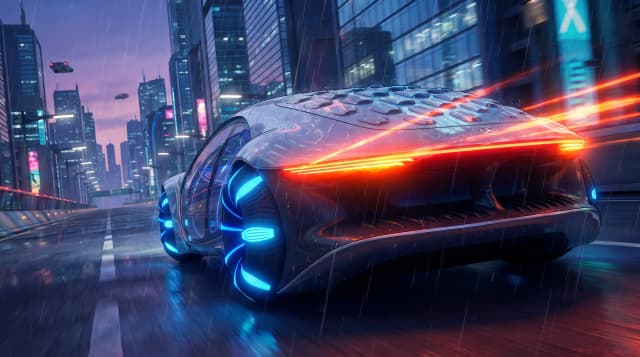 Mercedes-Benz Vision AVTR, едет по дороге, эпичный ракурс, горящие фары, шедевр, крупный план, стиль аниме с реалистичными деталями, киберпанк,