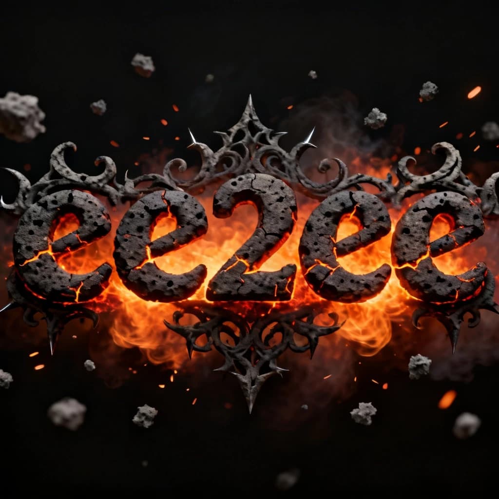 Cinematic smoldering charcoal and glowing ember title text in Russian: "ее2ее" with intricate gothic-inspired ash-covered curlicues and sharp, crackling charcoal filigree, volumetric letters made of rough, porous charcoal with deep, pulsating fiery cracks, intense inner glow of molten lava and embers and fiery aura bloom around the text, volumetric 3D typography, dramatic backlighting from within the embers, pure deep black background, subtle rising heat distortion and floating ash sparks in the air, game splash screen title style, epic and primal, ultra-detailed, high quality, sharp focus, no people, no characters, only text.