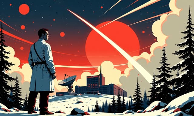 A masterpiece,  in the style of the 1980s, with bold lines, dynamic strokes and rich textures, on background with a touch of nostalgia, perhaps with subtle drawings inspired by cellulose and vintage, worn textures similar to paper, oil painting,  Retro Soviet-era propaganda poster illustration, cinematic low-angle composition, heroic male scientist in a white lab coat with pen pocket and emblem, looking upward toward a glowing red sun and starfield, sleek rocket streaking across the sky leaving a comet-like trail, large parabolic satellite dish in midground angled skyward, modernist research institute building with Cyrillic signage and lit windows, snow-covered pine trees in the foreground, stylized atomic orbit motif to the right,  limited vintage palette of deep navy, crimson red, dusty cream and muted gold, flat posterized shading, strong graphic silhouettes, dramatic rim lighting on the figure, radiating orbital lines and starbursts, halftone and screen-print texture, aged paper wear, creases and distressed edges, subtle film grain and vignette for authentic mid-20th-century retro-futurist propaganda look.. hdr