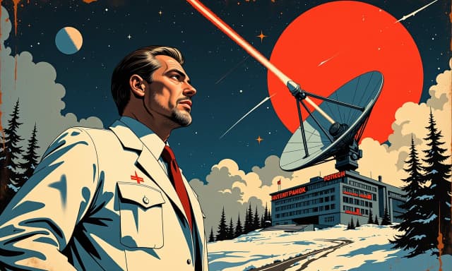 A masterpiece,  in the style of the 1980s, with bold lines, dynamic strokes and rich textures, on background with a touch of nostalgia, perhaps with subtle drawings inspired by cellulose and vintage, worn textures similar to paper, oil painting,  Retro Soviet-era propaganda poster illustration, cinematic low-angle composition, heroic male scientist in a white lab coat with pen pocket and emblem, looking upward toward a glowing red sun and starfield, sleek rocket streaking across the sky leaving a comet-like trail, large parabolic satellite dish in midground angled skyward, modernist research institute building with Cyrillic signage and lit windows, snow-covered pine trees in the foreground, stylized atomic orbit motif to the right,  limited vintage palette of deep navy, crimson red, dusty cream and muted gold, flat posterized shading, strong graphic silhouettes, dramatic rim lighting on the figure, radiating orbital lines and starbursts, halftone and screen-print texture, aged paper wear, creases and distressed edges, subtle film grain and vignette for authentic mid-20th-century retro-futurist propaganda look.. hdr